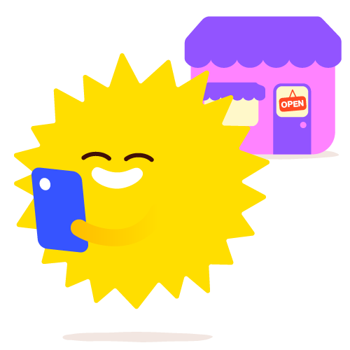 Smiling Sun character on their phone outside a SME shop