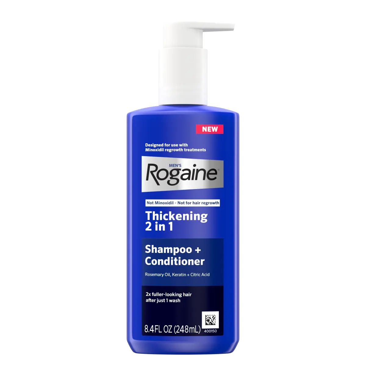 Blue bottle of men's ROGAINE® 2-in-1 Shampoo + Conditioner on a white background