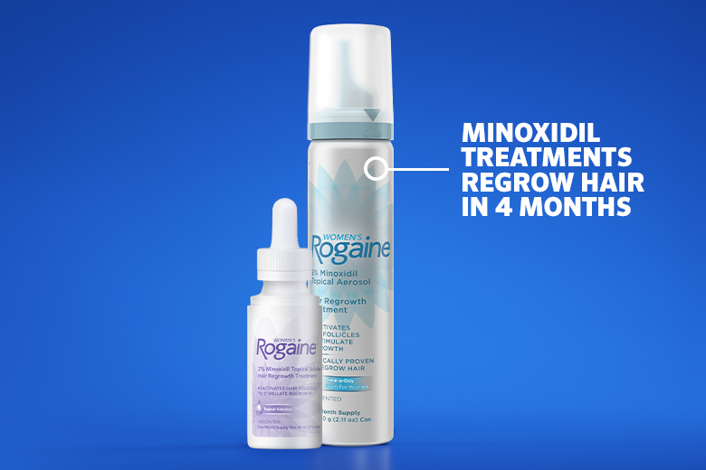 Bottles of Men and Women's Rogaine Foam and Solution on a blue