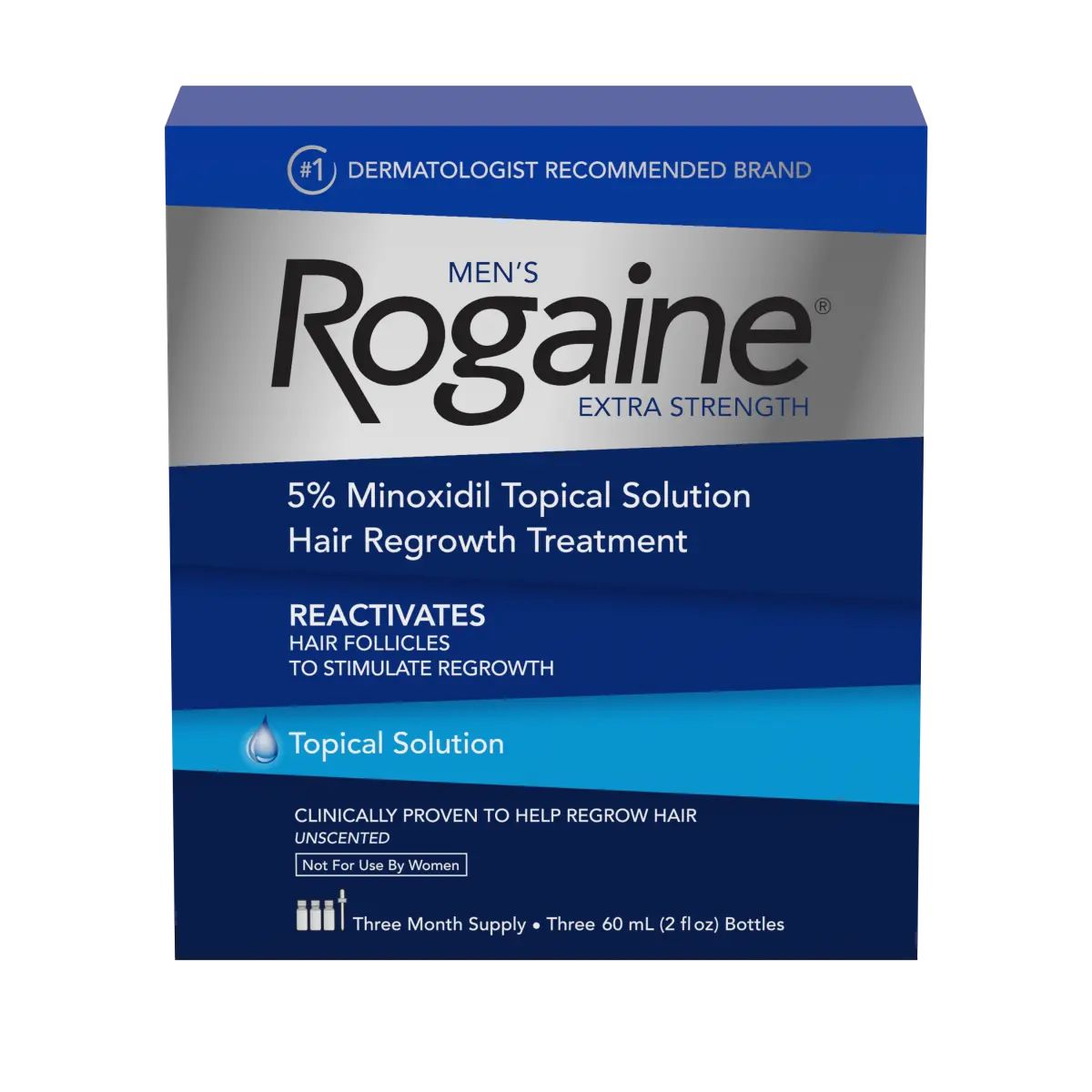 1-month supply of Men’s ROGAINE® Solution on a white background.