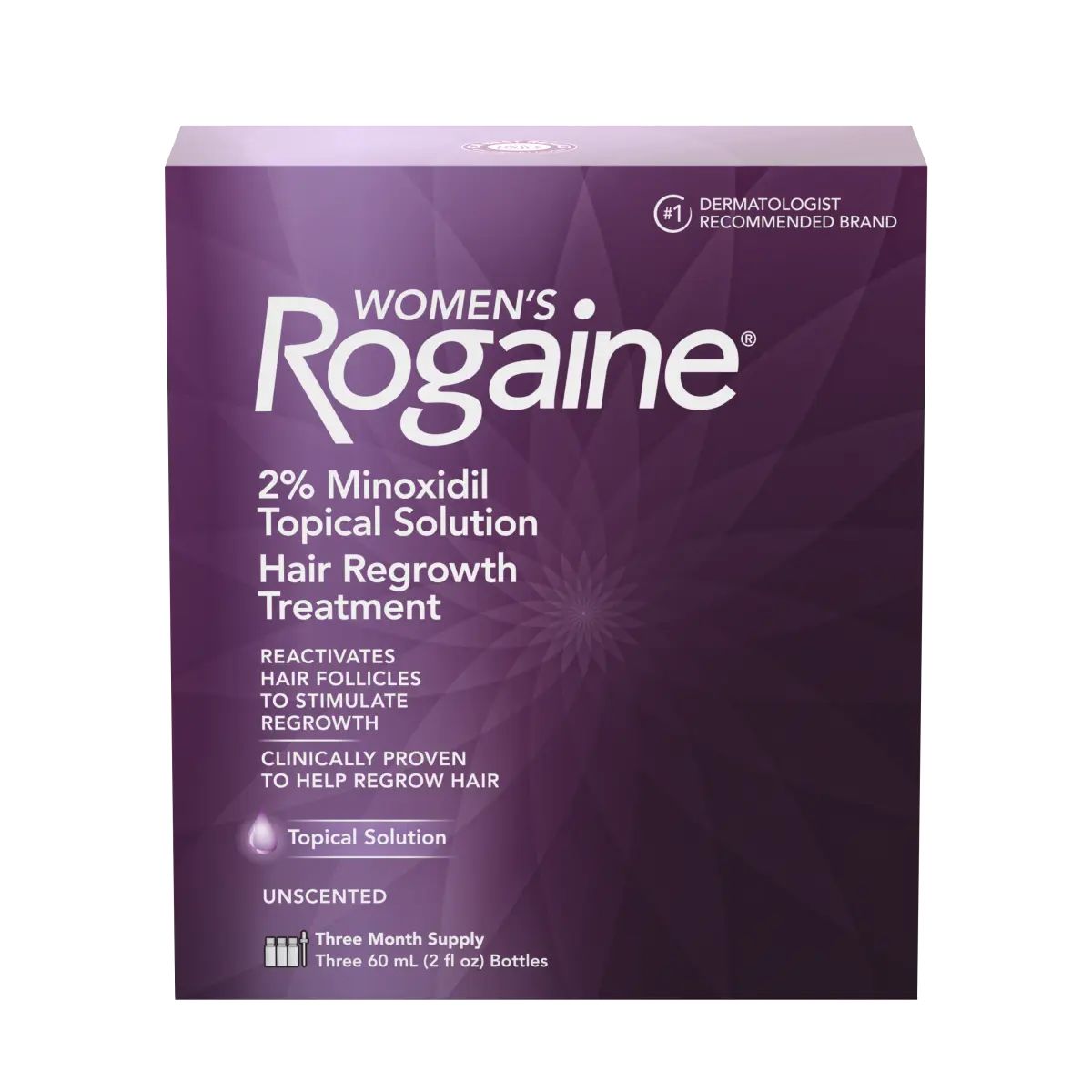 1-month supply of Women’s ROGAINE® Solution on a white background.