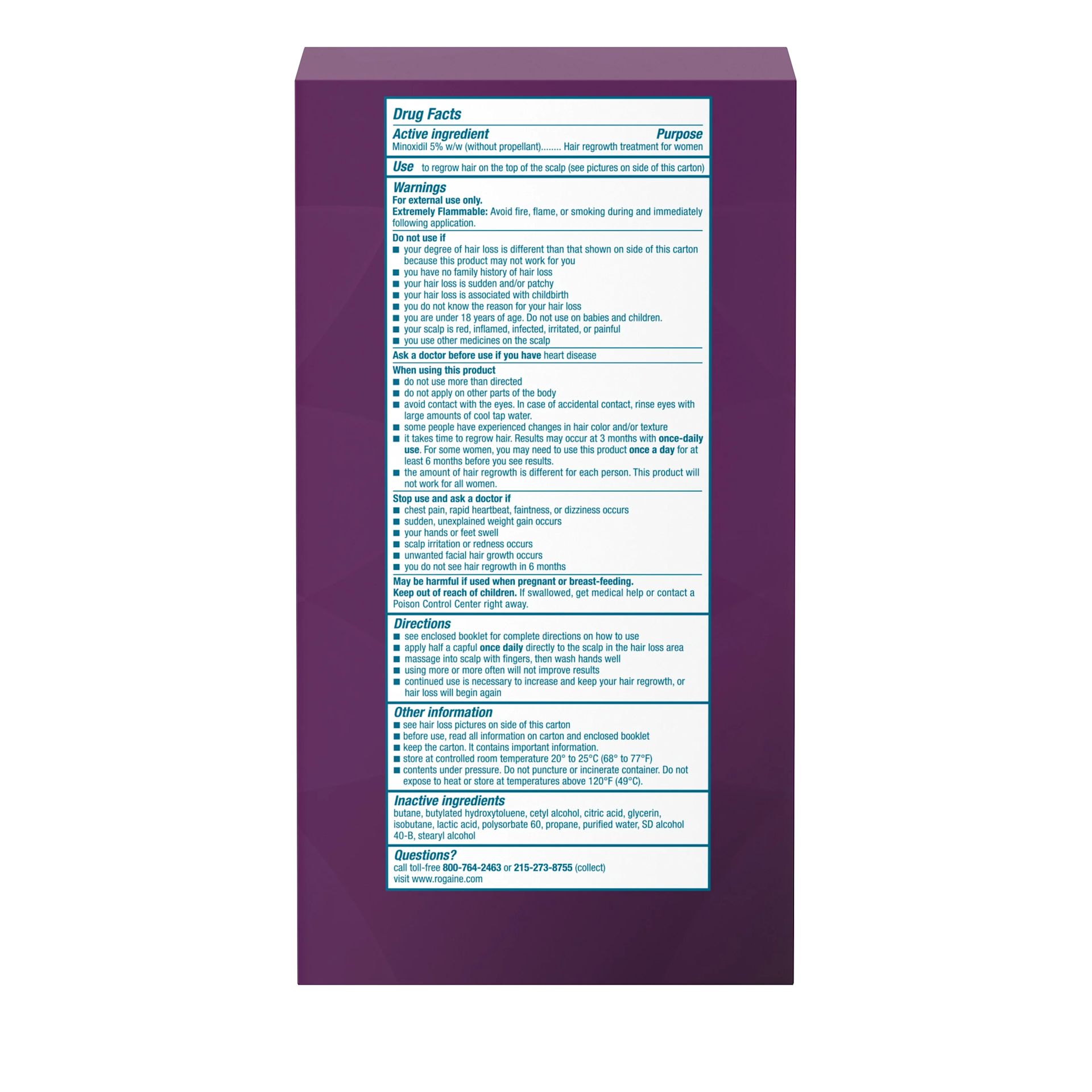 Women's ROGAINE® 5% Minoxidil Unscented Foam - 4-Month Supply - Back of pack