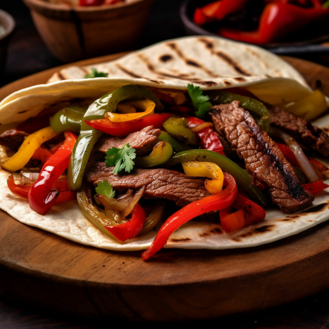 A plate of grilled mexican-style steak and pepper wrap