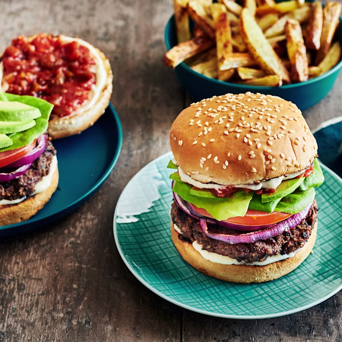 A plate of Mexican-style half-veggie burgers