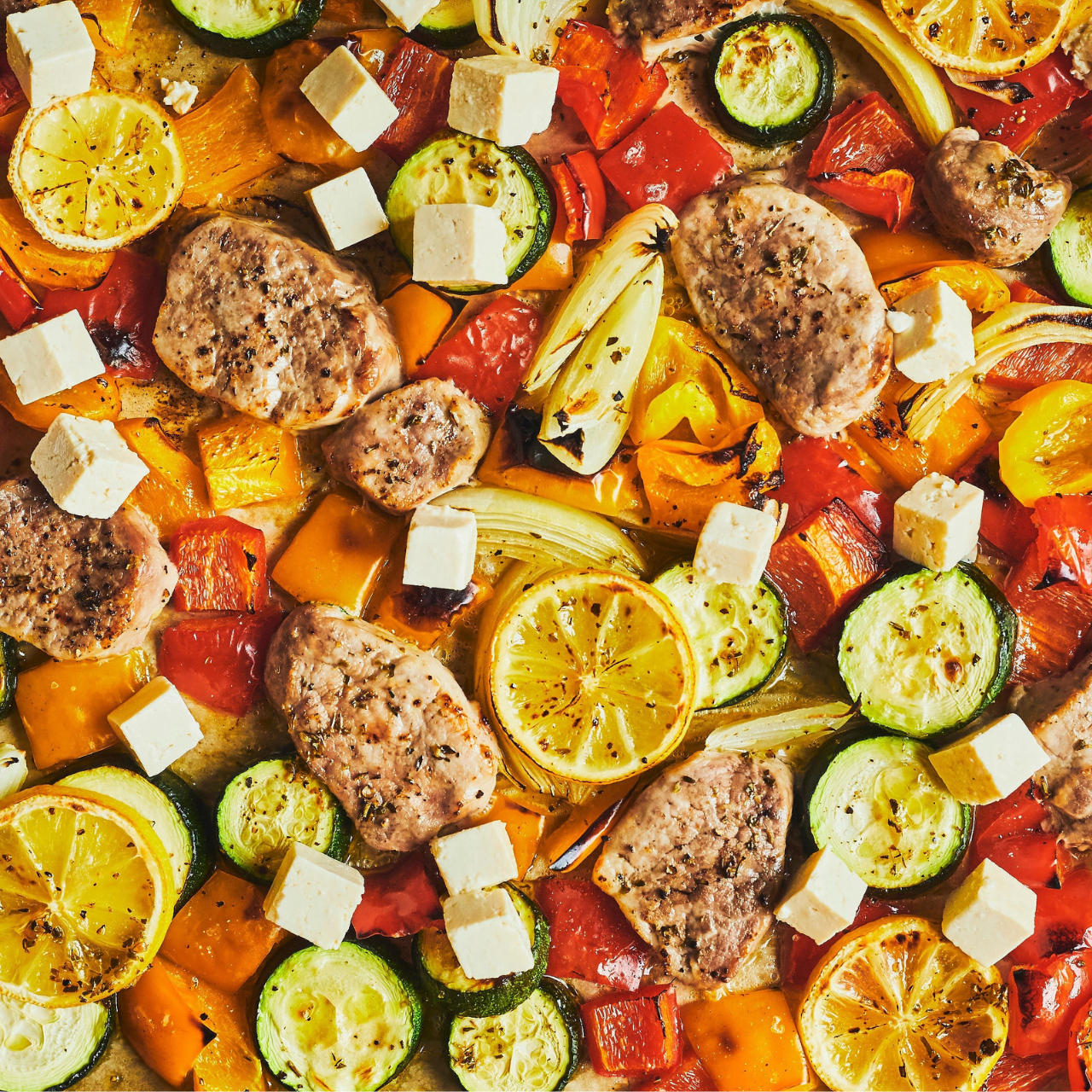 Greek-style pork sheet pan