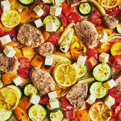 Greek-style pork sheet pan