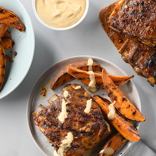 Recipe Image Roasted Garlic and Red Pepper Pork Side Ribs with Grilled Sweet Potatoes