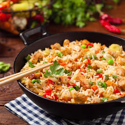 A bowl of cilantro chili & lemon chicken fried rice