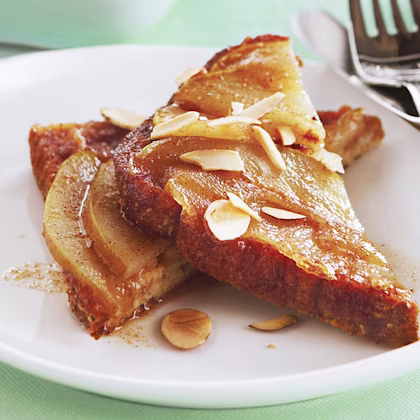Aerial view of a plate of spiced pear french toast