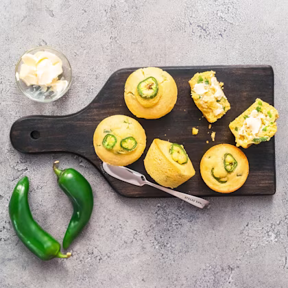 Serving board with Mini Jalapeño Cornbread and butter