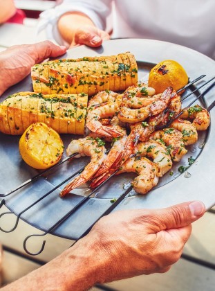 A plate of Grilled Garlic Butter Shrimp with Garlic Bread