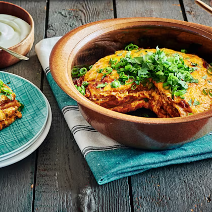 A plate of Vegetarian enchilada casserole