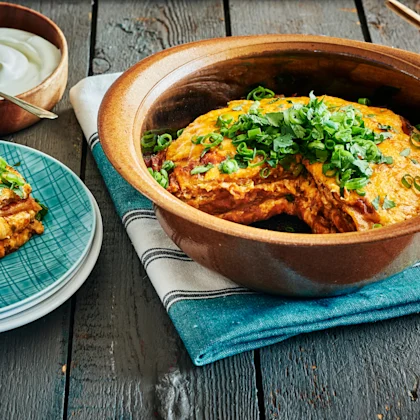 A plate of Vegetarian enchilada casserole