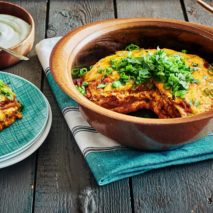 A plate of Vegetarian enchilada casserole