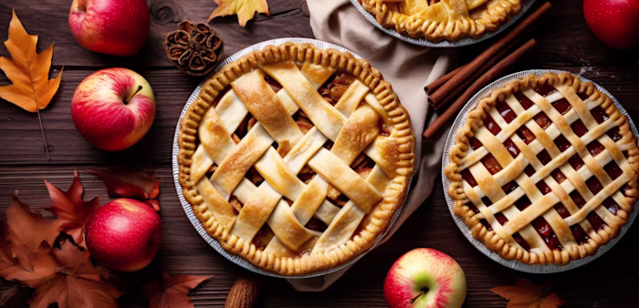 Aerial image of apple pies and fruits with fall leaves