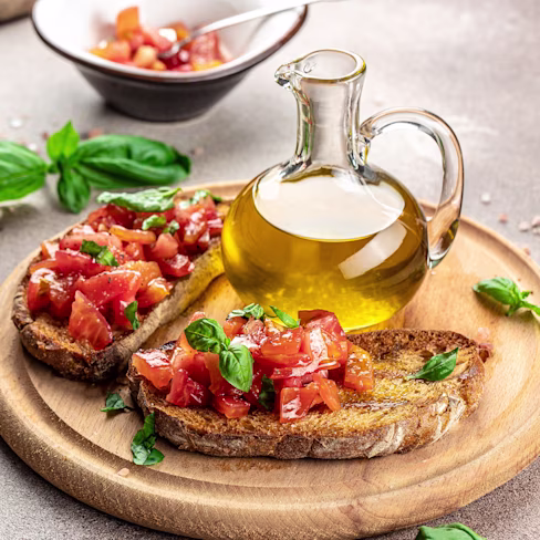 A serving board with Bruschetta Topped Flatbread