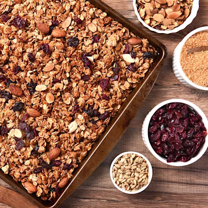 A baking dish of chocolate chia granola