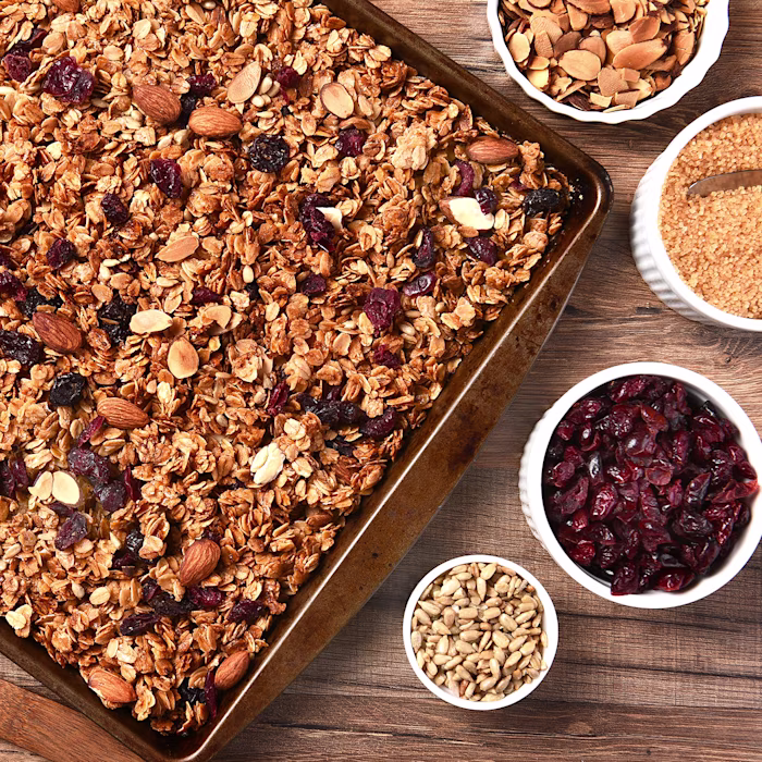A baking dish of chocolate chia granola