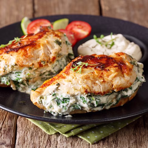A plate of Oka-Stuffed Chicken Breasts with Maple Glaze