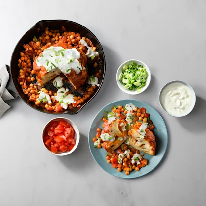 Plates including cauliflower with lime yogurt dressing