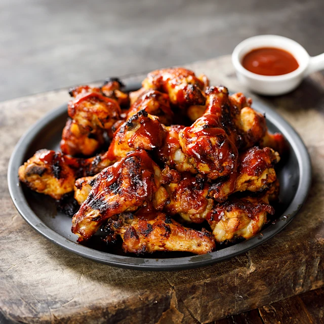 Plate of cooked chicken wings with bbq dipping sauce