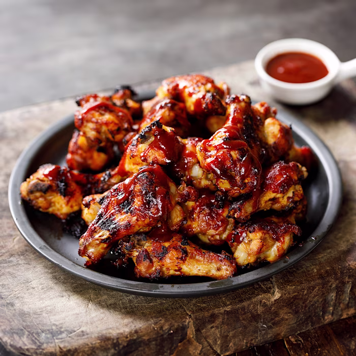 Plate of cooked chicken wings with bbq dipping sauce