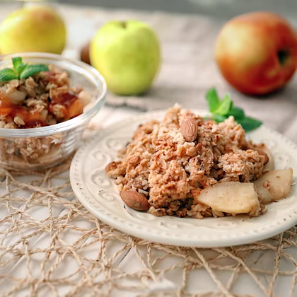 A plate of gluten-free almond apple crisp.