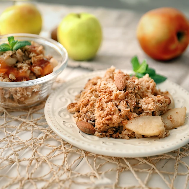 A plate of gluten-free almond apple crisp.