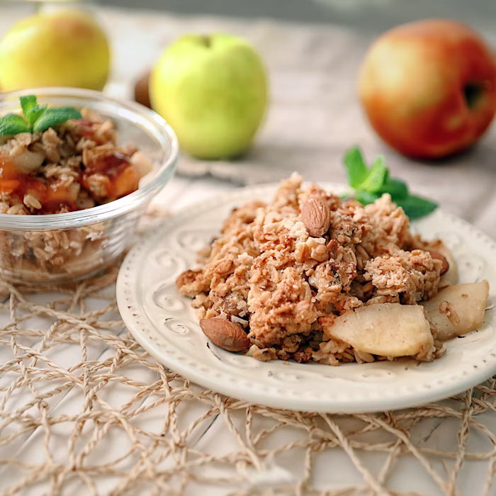 A plate of gluten-free almond apple crisp.