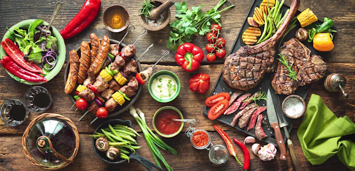 Meats and vegetables on the grill
