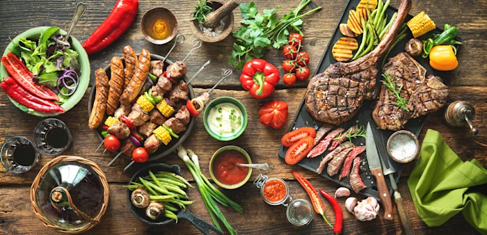 Meats and vegetables on the grill