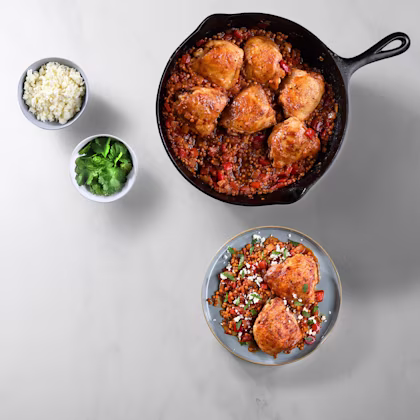 Aerial view of Chicken Thighs and Smoky BBQ Lentils