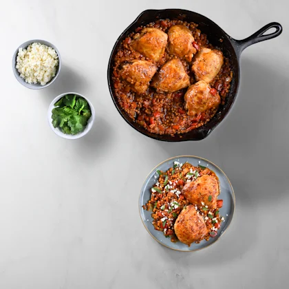 Aerial view of Chicken Thighs and Smoky BBQ Lentils