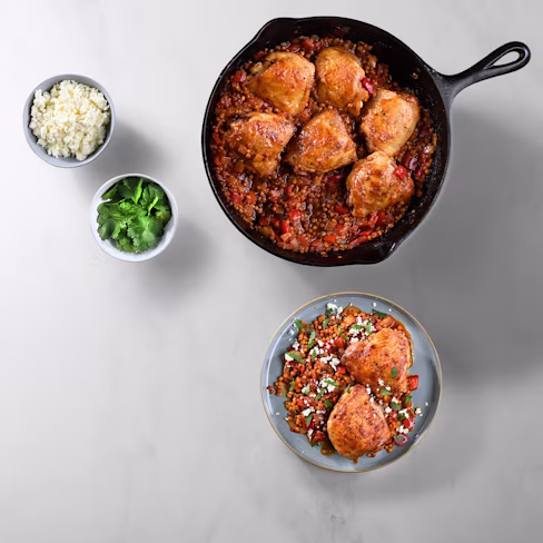 Aerial view of Chicken Thighs and Smoky BBQ Lentils