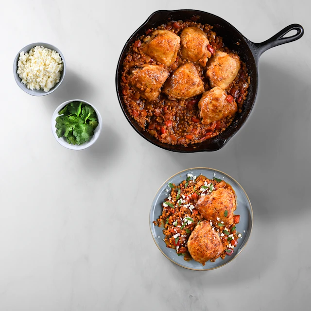 Aerial view of Chicken Thighs and Smoky BBQ Lentils