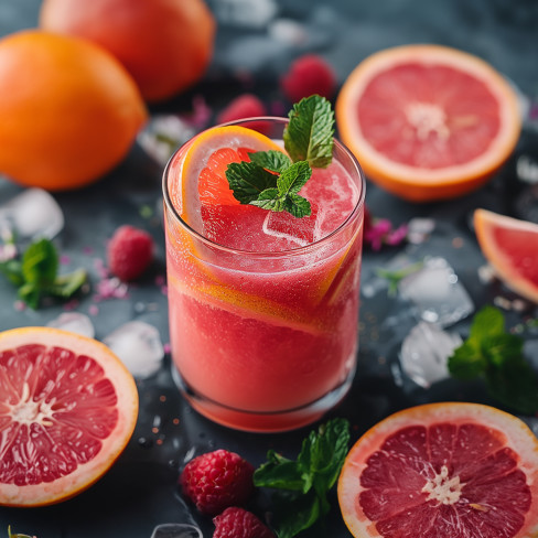 Aerial view of a glasse of grapefruit-raspberry mimosa mocktail