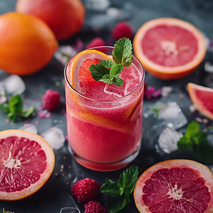 Aerial view of a glasse of grapefruit-raspberry mimosa mocktail
