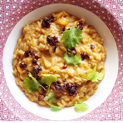 A bowl of Creamy Butternut Squash and Ginger Orzo