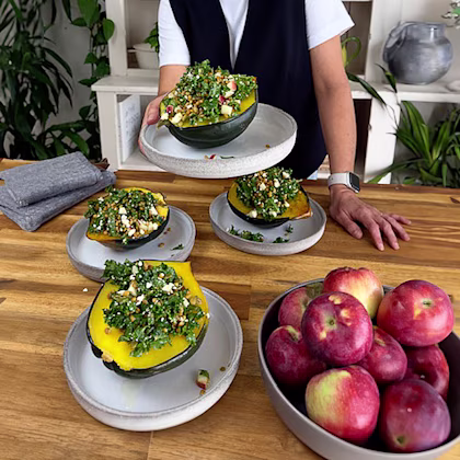 Image of an aerial view of stuffed squash with lentil salad