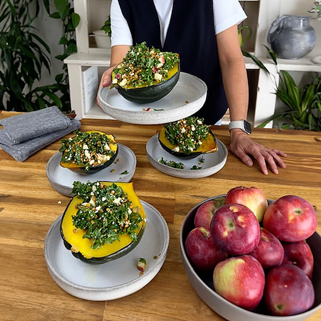 Image of an aerial view of stuffed squash with lentil salad