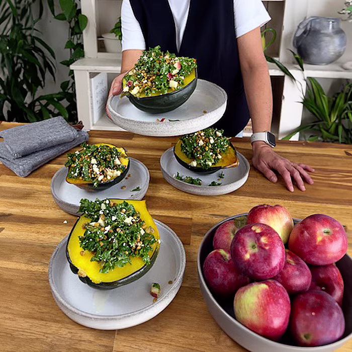 Image of an aerial view of stuffed squash with lentil salad