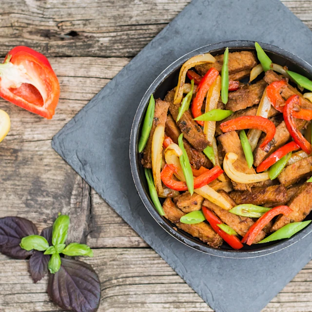Beef, Bok Choy & Red Pepper Stir-Fry in a skillet