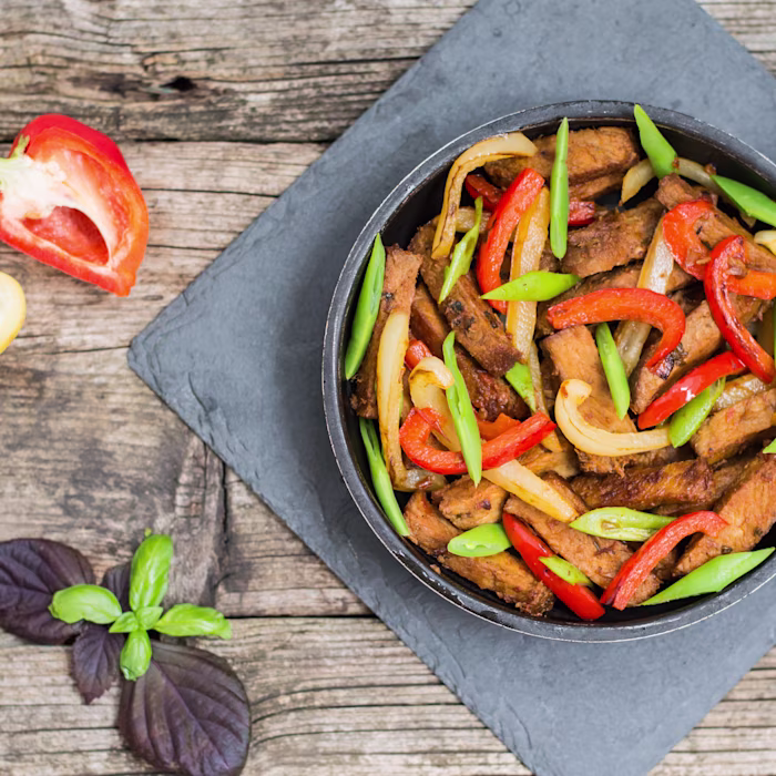 Beef, Bok Choy & Red Pepper Stir-Fry in a skillet