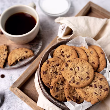 A plate of chocolate chip cookies