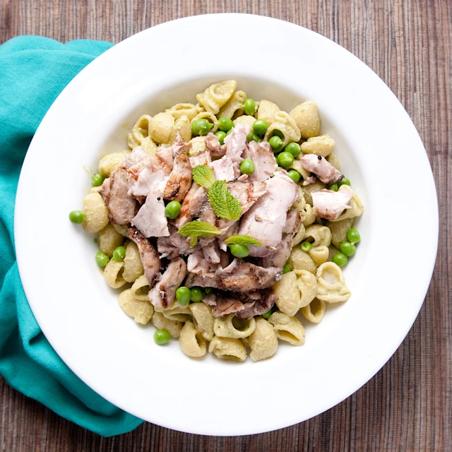 Aerial view of chicken pesto pasta