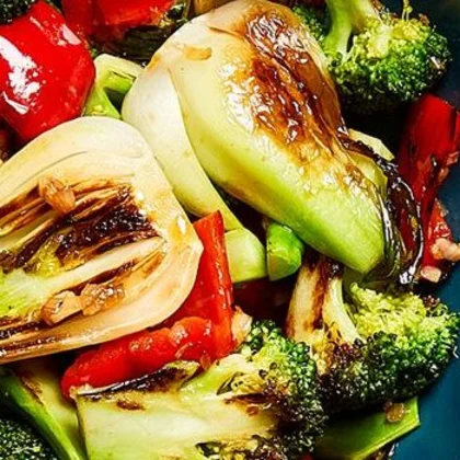 A plate of Charred Broccoli & Bok Choy with Honey-Hoisin Sauce
