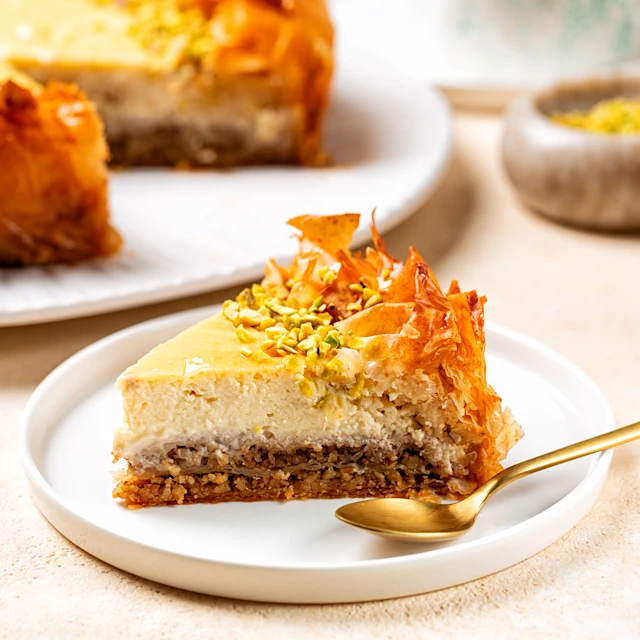 A slice of Baklava Icebox Cheesecake