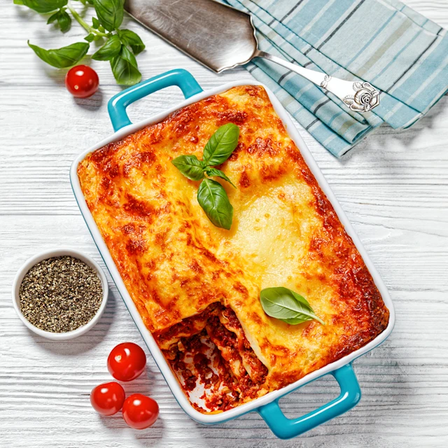 Aerial view of finished lasanga in pan