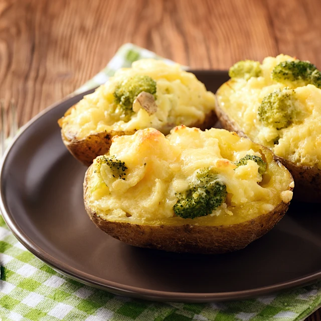 Three twice baked potatoes on round black plate