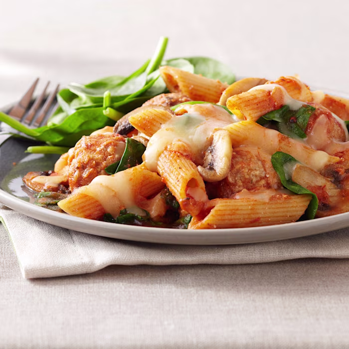 Aerial view of a plate of penne meatball bake